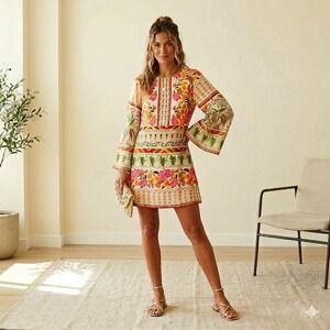 Celina Moon Multicolor Floral Bell Sleeve Button Shift Dress XS 100% Viscose